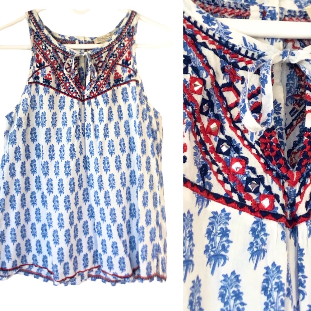 Lucky Brand Blue and White Embellished Sleeveless Blouse